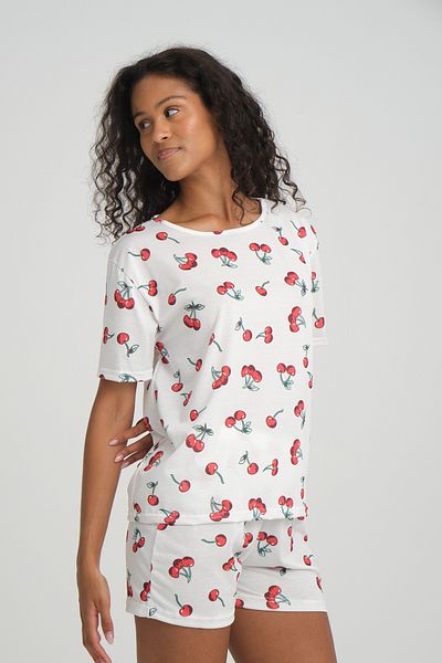 Rasabeauty iLove Pajamas Set for Women - Short Sleeve, Shorts, Knitted Fabric, Cotton Cherry Print, SuperSoft