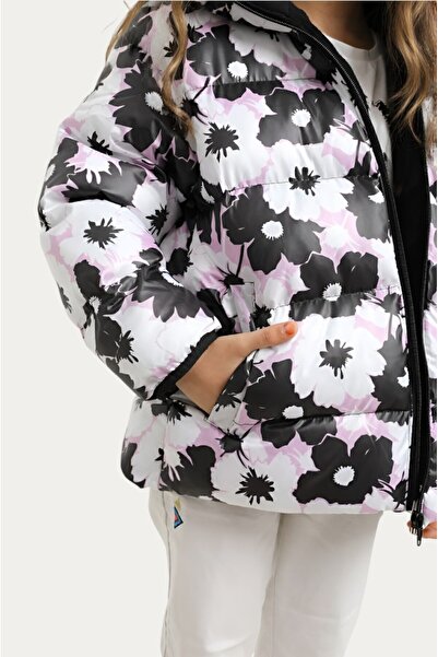 Outriverkids Κοριτσίστικο λευκό μωβ λουλούδι με μοτίβο φλις νερό και αντιανεμικό χειμωνιάτικο παλτό με κουκούλα