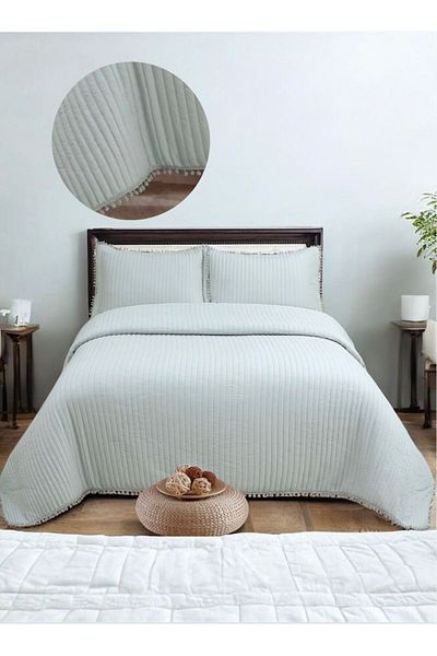 TEKSTİLDENİZİ Asian Ultrasonic Double Bedspread with Pompom Detail - Gray