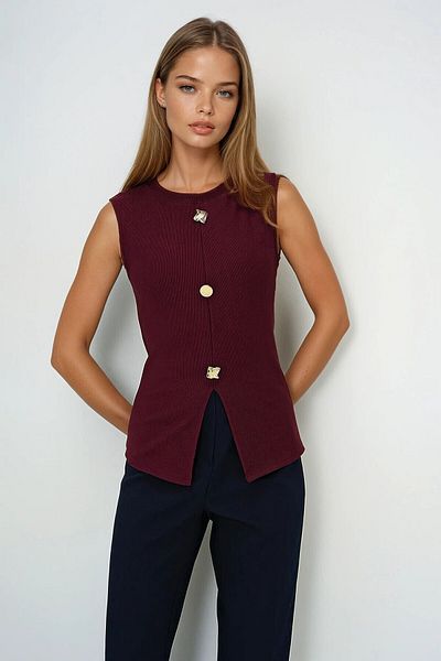 NATUFIAN STORE Women's Burgundy Crew Neck Gold Buttoned Modern Blouse