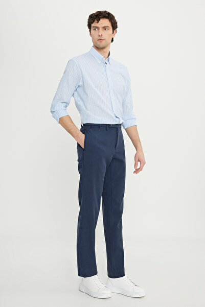 ALTINYILDIZ CLASSICS Men's Navy Blue Cotton Comfot Fit Relaxed Cut Dobby Casual Stretchy Trousers with Side Pockets