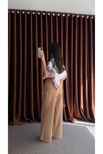 HAZELANNA Milky Brown Palazzo Fabric Trousers