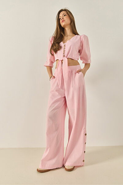 Bianco Lucci Γυναικεία λεπτομέρεια με κορδόνια μπλούζα με επένδυση με κουμπιά παντελόνι λινό κάτω-κορυφή κοστούμι 9266 60281046