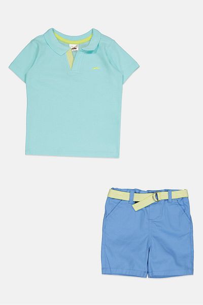 Little Gent Kids Boy 2 Pcs Embroidered Logo Polo Shirt And Belted Shorts Set, Multicolor