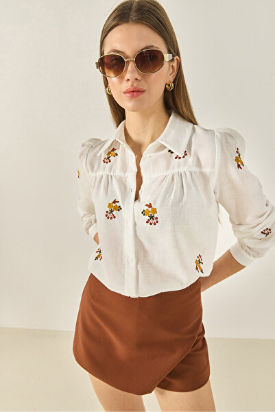 Bianco Lucci Women's Floral Embroidery Long Sleeve Linen Shirt Mg4112 60283241