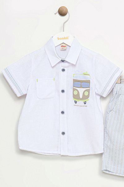 Bombili Short Sleeve Button Embroidered Shirt Striped Elastic Pocket Cotton Shorts Baby Boy Set