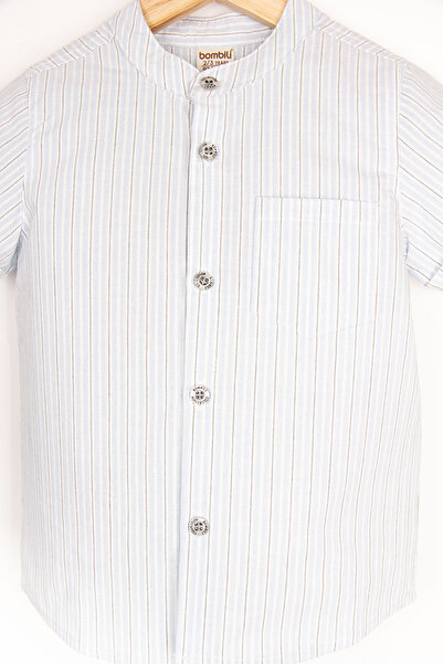 Bombili Short Sleeve Summer Vertical Striped Pocket Button Collar Comfortable Casual Boy's Shirt