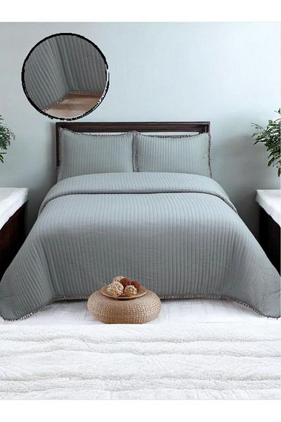 TEKSTİLDENİZİ Asian Ultrasonic Double Bedspread with Pompom Detail - Anthracite