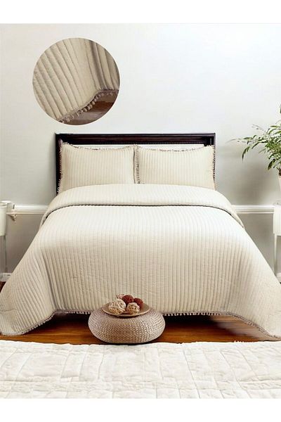 TEKSTİLDENİZİ Asya Ultrasonic Double Bedspread with Pompom Detail - Beige