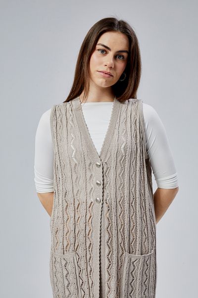 fabriqha Women's Standard V-Neck Zigzag Patterned Long Pocket Mother Vest