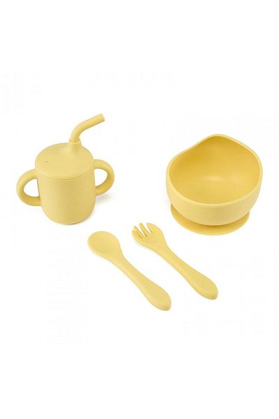 U-Grow Set de 4 piese de diversificare din silicon: Cană cu pai, bol, lingură și furculiță, galben, U-Grow