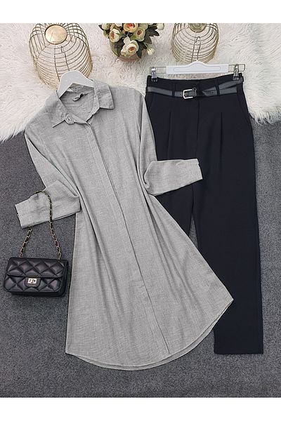Modamorfo Hidden Buttoned Linen Tunic - Gray