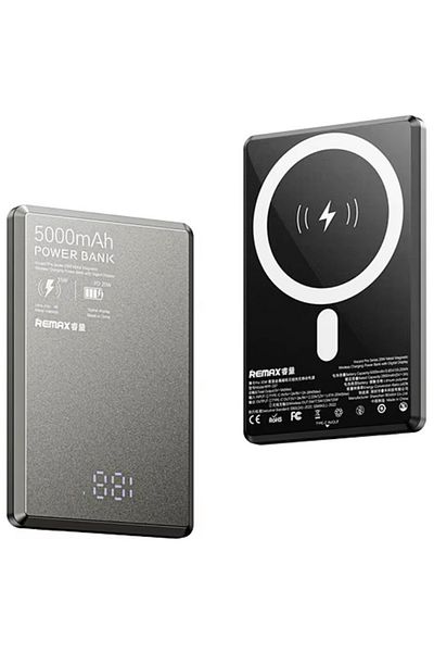 REDz Accessories Magsafe Ultra Slim Battery, Remax RPP-107, 5000mAh, Wireless and Type-C, Apple Compatible, Gray