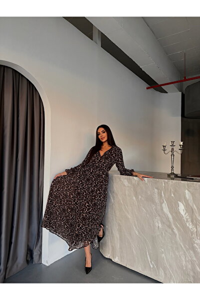 QARA Leopar Desenli Beli Lastikli Şifon Elbise