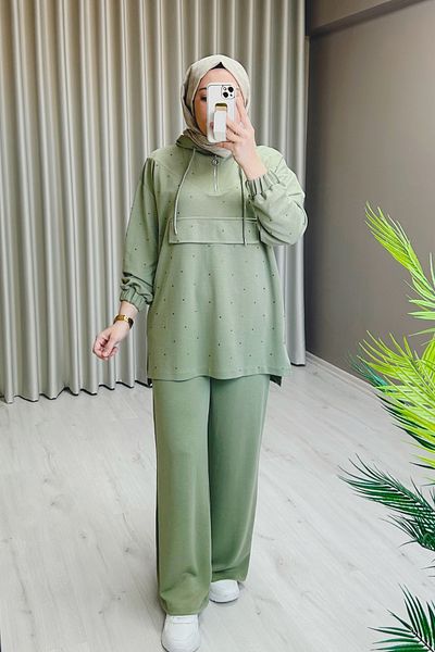 Beray Stone Print Detailed Honeycomb Fabric Hooded Hijab Double Set