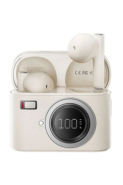 REDz Accessories Căști Bluetooth Remax W33 Cozybuds, 360 mAh, aspect retro cu cameră, sunet stereo 360°, culoare crem