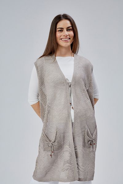 fabriqha Women's Standard V-Neck Mesh Detailed Floral Pocket Long Mother Vest