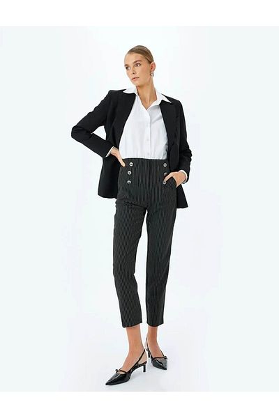 Koton High Waist Striped Carrot Cut Fabric Trousers
