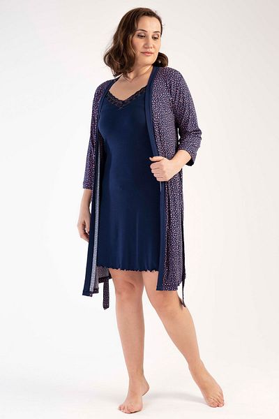 VİENETTA Women's Viscose Large Size Rope Strap Nightgown 3/4 Sleeve Dressing Gown Set, 212384