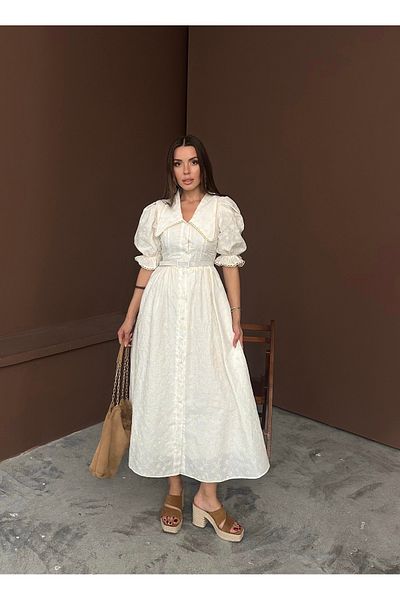 Afiş Butik Ecru Baby Collar Scalloped Belted Long Dress