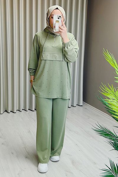 Beray Stone Print Detailed Honeycomb Fabric Hooded Hijab Double Set