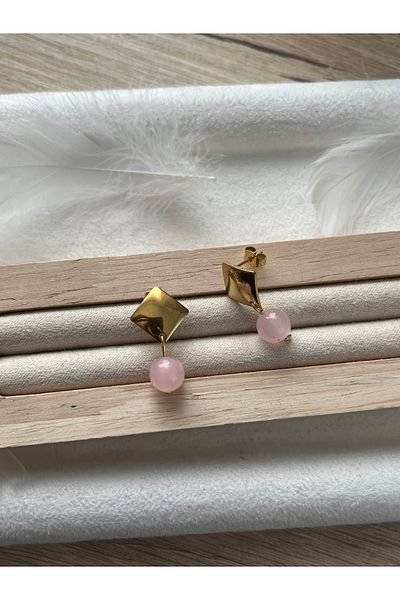 Pel Design Pink Quartz Stone Stylish Steel Earrings Handmade