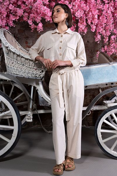VİENETTA Women's Linen Shirt Collar All Buttoned Epaulette 7/8 Sleeve Pajama Suit, 312006