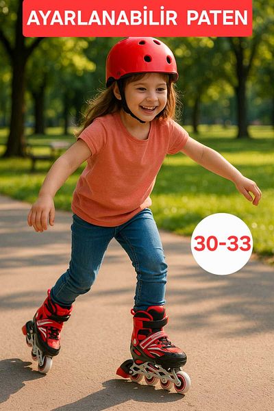 CAN Adjustable Roller Skates |   Double Use Inline Skates + Double Wheel Practice Mode Red 30-33
