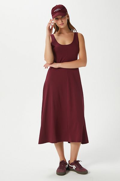 Ritnice Rochie de damă Nancy fără mâneci burgundă Midi din bumbac pieptănat 5376