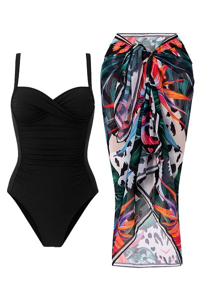 CUPSEA Costum de baie drapat pentru femei Lana-Negru cu model frunze de leu Set de 2 pareo cu efect elegant și de slăbire