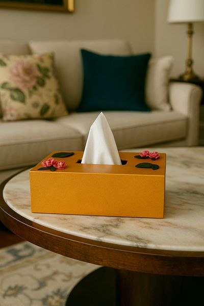 Fun Life Handmade Wooden Handkerchief Box with Flower and Leaf Detail |   Gold Colored Decorative Napkin Holder