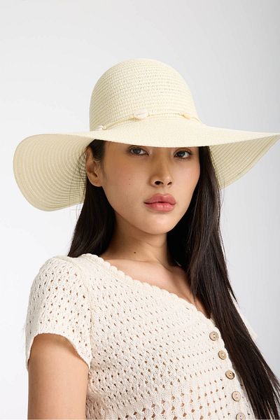 Moda Days White Straw Beach Hat with Rope Stripe and Seashell Detail