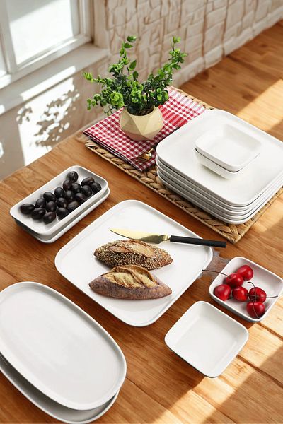 Manaferra Etka Porcelain Series 14 Piece White Square Oval Edge Breakfast Set for 6 People
