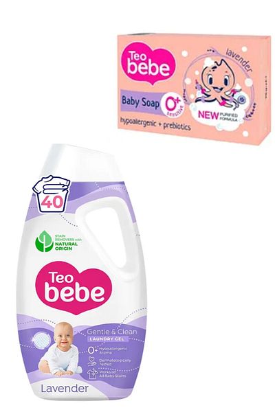 TEO BEBE DETERGENT Delicat și Curat Lavandă (Mov), 1.8L & SĂPUN BEBELUȘI Lavandă (75gr x 3buc)