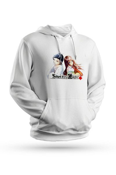 Pisa Art Φούτερ Anime Steins Gate με στάμπα λευκό Unisex με κουκούλα