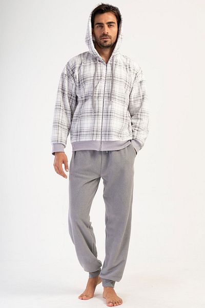 VİENETTA Men's Fleece Hooded Drop Shoulder Long Sleeve Zippered Kangaroo Pajama Set, 403069