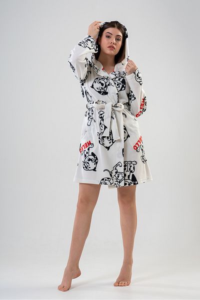 VİENETTA Women&#39;s Bright White Cotton Fleece Hooded Short Dressing Gown