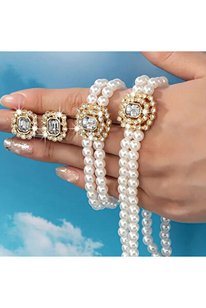 Monarque Luxurious Elegant Double Rows Pearls Necklace,Bracelet and Earrings Set Jade Stone Accents, Acrylic, Daily Wear