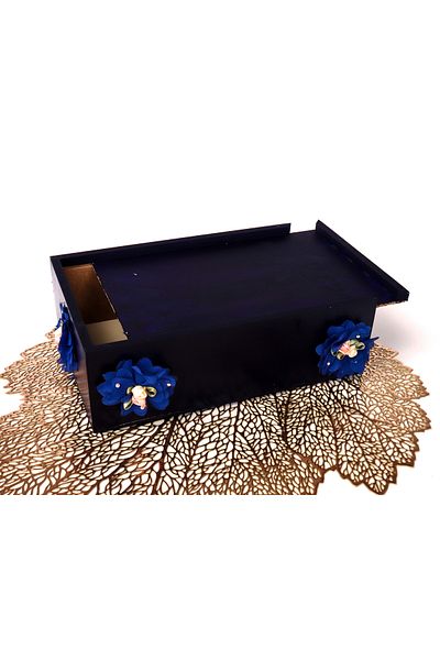 Fun Life Handmade Wooden Handkerchief Box with Blue Flowers - Dark Blue