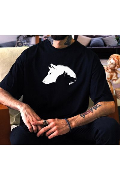 Pisa Art Υπερμεγέθη Unisex Wolf εμπριμέ μαύρο μπλουζάκι