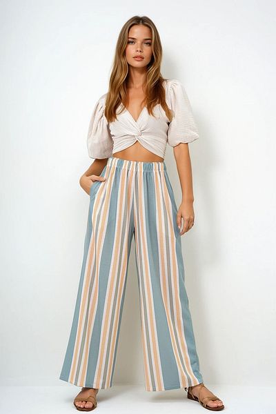 VAGGON Pantaloni de vară cu picioare largi, cu model, cu buzunare duble, verde-muștar, pentru femei Prmx14142