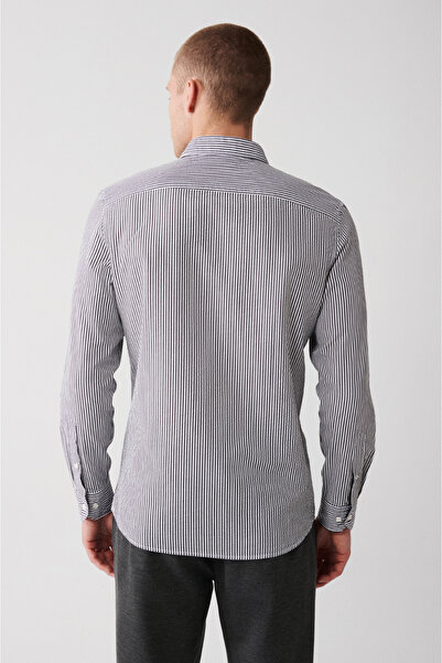 Avva Men's Black Seersucker Bottom Buttoned Collar Striped Shirt A31Y2084