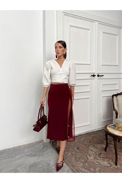 Jeevee Burgundy Mesh Detailed Slit High Waist Midi Skirt