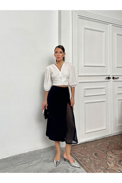 Jeevee Navy Blue Mesh Detailed Slit High Waist Midi Skirt