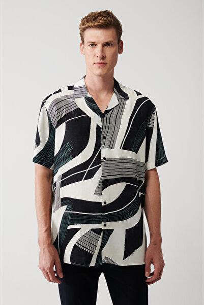 Avva Men's Beige Viscose Cuban Collar Patterned Short Sleeve Shirt A31Y2198