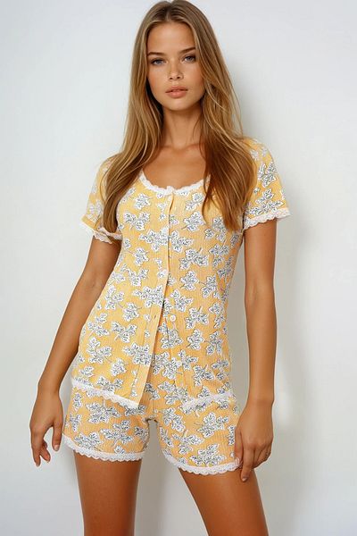 VAGGON Scallop Detailed Cotton Wide Collar Shirt and Shorts Pajama Set