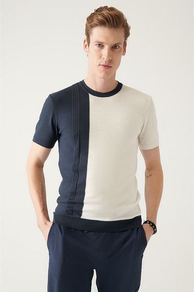 Avva Ανδρικό πλεκτό μπλουζάκι με λαιμόκοψη Navy Blue Crew Color Block με ραβδώσεις A31y5123