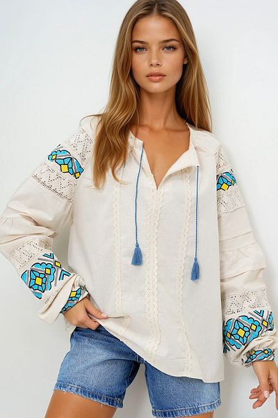 VAGGON Crew Neck Scallop and Embroidered Balloon Sleeve Raw Linen Blouse