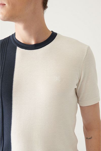 Avva Ανδρικό πλεκτό μπλουζάκι με λαιμόκοψη Navy Blue Crew Color Block με ραβδώσεις A31y5123
