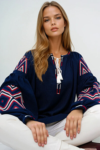 VAGGON Women's Navy Blue Sleeves Embroidered Muslin Linen Summer Blouse Prmx14099